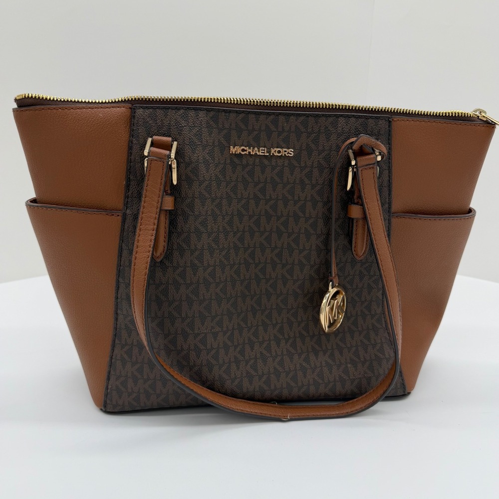 Michael Kors Jet Set Travel Tote Brown MK PVC Leather Shoulder Bag Zip Large 14"